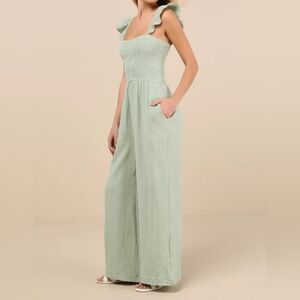 Lulus Daniyah Sage Green Smocked Flutter Sleeve Wide-Leg Jumpsuit w Pockets, XL